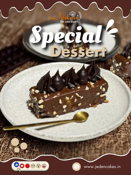 A closer look at our special chocolate and nut pastry. This dessert combines a rich chocolate coating with crunchy nuts and is topped with piped chocolate mousse, making it a masterpiece of flavor and texture.