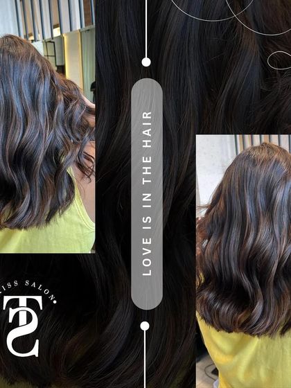 Love is in the hair. This image collage shows off a beautiful brunette color with soft waves, perfect for anyone looking for a romantic and elegant style.
