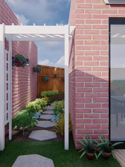 This render shows a white pergola archway leading into a side garden. Creating little gateways like this makes exploring the garden more exciting for children.