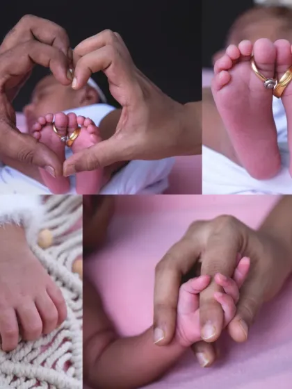 A collage celebrating the tiniest details of a newborn. From parents' hands making a heart over tiny feet with their wedding rings, to a mother's hand holding a tiny fist, these are the details you'll want to remember.