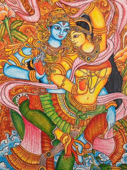 A colorful Kerala mural painting of Radha and Krishna, with every detail and brushstroke clearly visible.