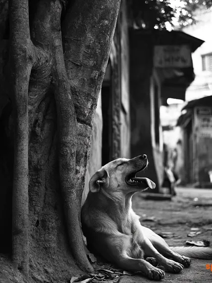 The same peaceful scene in black and white, highlighting the timeless bond between street dogs and their urban environment.