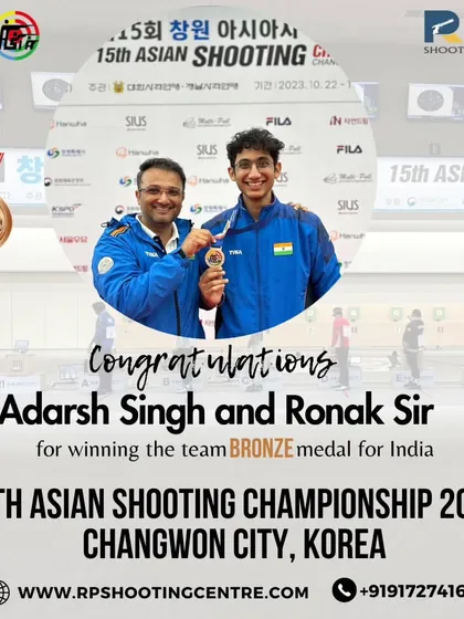 A proud moment with our shooter Adarsh Singh after winning the team Bronze medal for India at the 15th Asian Shooting Championship in Korea. Our coaching extends beyond the range, providing support during major events.