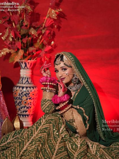 This look features a stunning green and gold lehenga. I teach how to select makeup palettes that complement rich, jewel-toned fabrics.