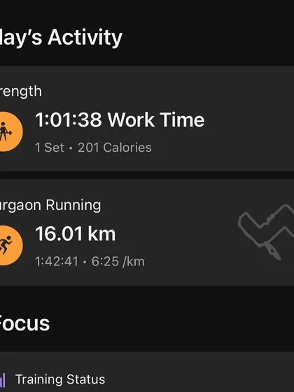A summary of a training day: a 1-hour strength session followed by a 16km run. This shows how we structure hybrid training days.