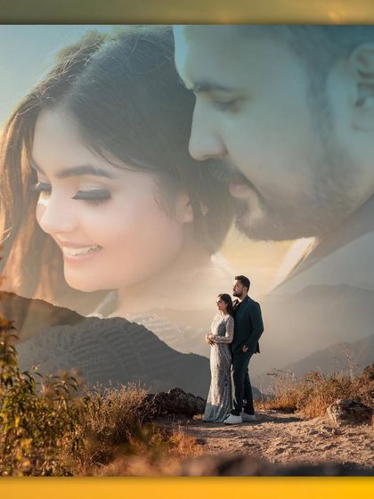 A beautiful double exposure that merges a portrait of the couple against the mountains with a soft, dreamy close-up. This artistic technique creates a layered and emotional image.