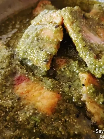 This is my special coriander fish, a preparation that's green in color but carries the right amount of zing. The secret potions in this recipe make it a unique and flavorful dish to be enjoyed with plain rice.