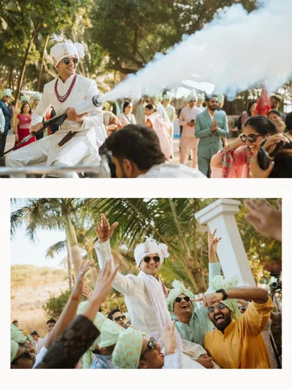 The groom's high-energy entrance at the baraat. I thrive on capturing the fun, celebration, and excitement of every part of the wedding.