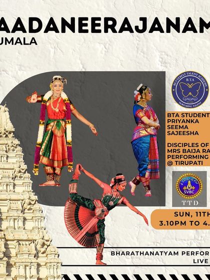 Our students had the honor of performing Bharatanatyam at the sacred Naadaneerajanam stage in Tirumala. This prestigious opportunity, broadcast live on TTD, was a proud moment for our academy and our talented dancers.