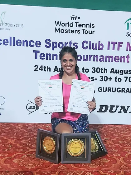 We celebrate every victory, big and small. Here is one of our dedicated players after winning a triple crown at the Excellence Sports Club ITF Masters Tournament, a testament to her hard work and our results-focused training.