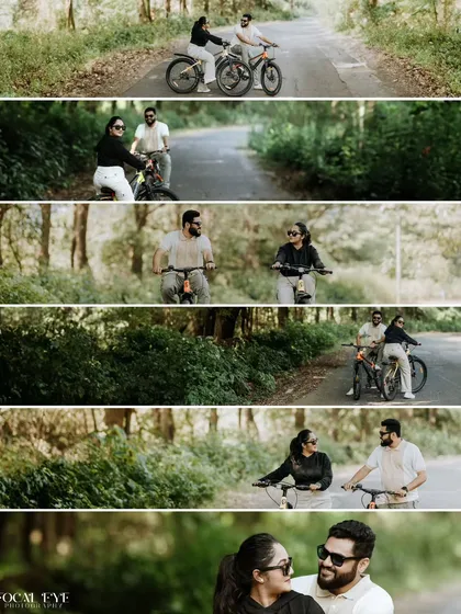 A collage from a pre-wedding shoot featuring a romantic bicycle ride through a wooded lane. This is a great way to create a narrative of a shared journey and simple pleasures.