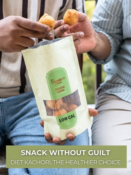 Snack without guilt with my Diet Kachori. This image shows two people sharing the low-calorie kachoris, highlighting them as a healthier choice.