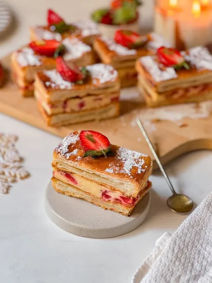 Our Strawberry Millefeuille, a delicate construction of flaky puff pastry layered with pastry cream and fresh strawberries. Dusted with powdered sugar, it's a bite of French patisserie at its finest.
