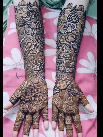 A series of shots showcasing the bridal mehndi for Tabassum. The design features bold, prominent roses that wrap around the arm.