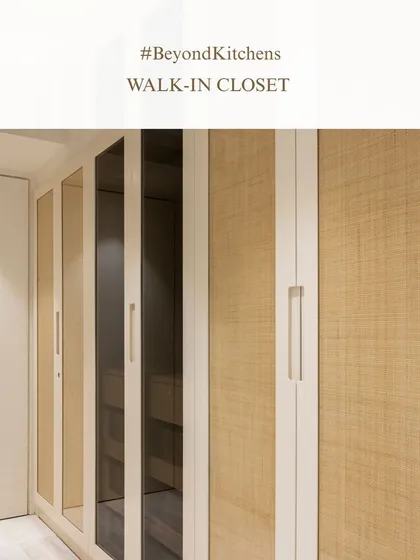 My design philosophy extends beyond the kitchen into every corner of the home. This walk-in closet, with its blend of natural wicker and glass, is an example of how I bring the same attention to detail and warmth to personal spaces, creating storage that is both functional and beautiful.