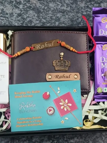I create special gift sets for festivals like Raksha Bandhan. This hamper includes a personalized wallet for a brother, a custom rakhi, perfume, and chocolates, making it a complete and thoughtful gift to celebrate your bond.