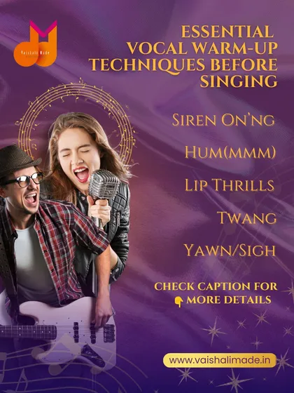 This graphic lists essential vocal warm-up techniques to do before singing, such as lip trills, humming, and sirens. Proper warm-ups are crucial for protecting your voice and improving performance.