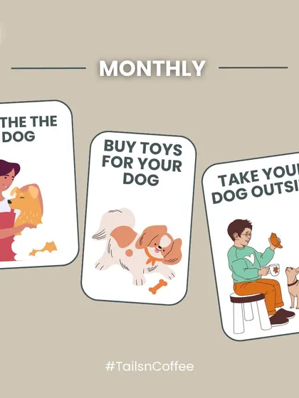 Here's a simple monthly routine to keep your dog happy and healthy. It includes essential tasks like bathing, buying new toys to keep them stimulated, and taking them outside for new adventures.