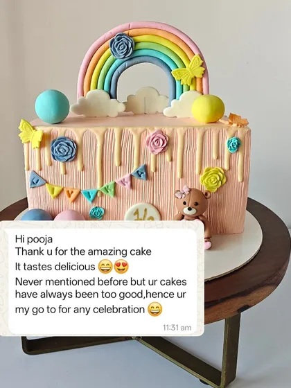 The half-birthday cake paired with a client's message saying my cakes are always their go-to for any celebration because they are so good.