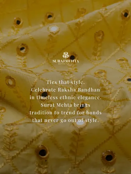 Ties that style. This detail shot shows the mirror work and embroidery on a festive yellow fabric, bringing tradition to trend for bonds that never go out of style.
