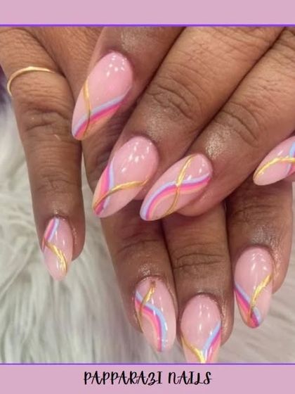 A soft and pretty design with a pastel rainbow wave pattern and a delicate gold line.