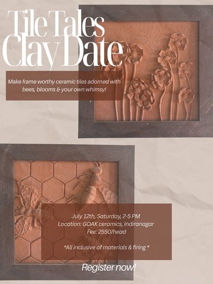 Tell your own story on a tile in our 'Tile Tales' workshop. This session guides you in creating a frame-worthy ceramic tile adorned with sculpted bees, flowers, or your own whimsical designs.