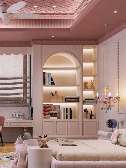 A wider shot showing the arched bookshelf, ornate ceiling, and study nook, demonstrating a cohesive design that blends classic details with playful elements.