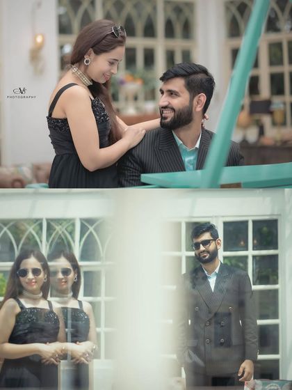 A collage of creative and intimate shots from a pre-wedding session, using reflections and unique angles to tell a more artistic story.
