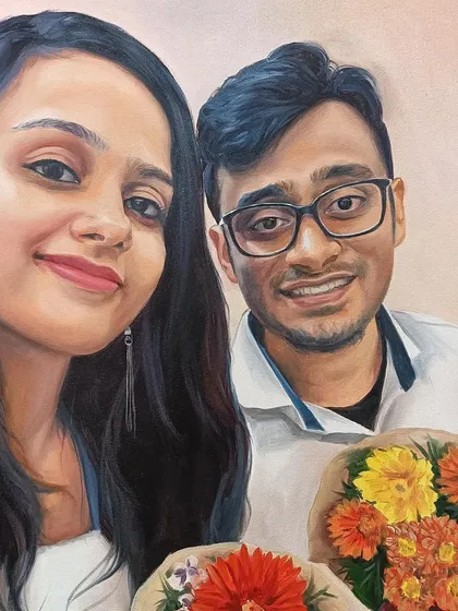 A modern couple's selfie turned into a beautiful oil painting. I can work from your favorite casual photos to create a unique piece of art.