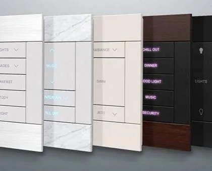 We provide a wide range of automation switches to match any interior design. This collection shows various finishes and configurations, from minimalist black and wood grain to classic white and marble, ensuring our technology blends perfectly with your home's aesthetic.