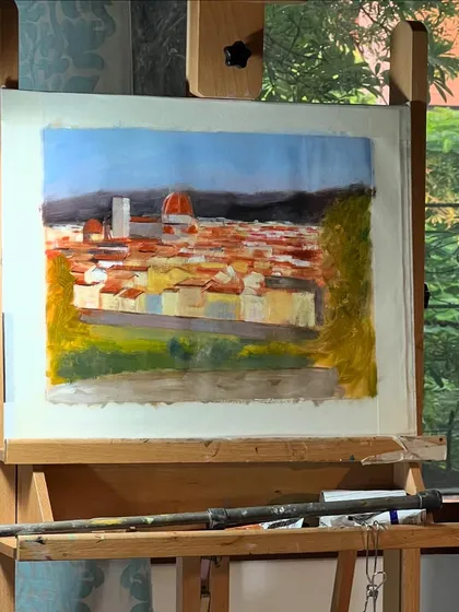 A large Florence cityscape in progress on my easel. This is an oil on canvas painting that I am working on slowly, building up the layers to capture the iconic view.