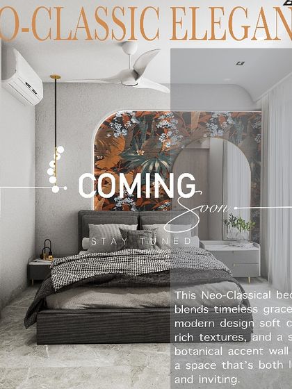 A concept for a neo-classic bedroom, blending timeless grace with a striking botanical accent wall. We use these visuals to propose bold, personalized design ideas.