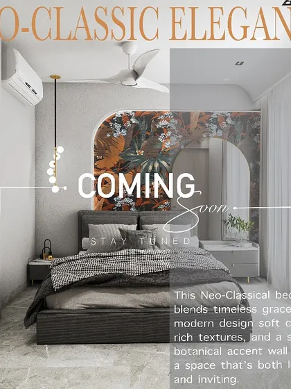 A concept for a neo-classic bedroom, blending timeless grace with a striking botanical accent wall. We use these visuals to propose bold, personalized design ideas.