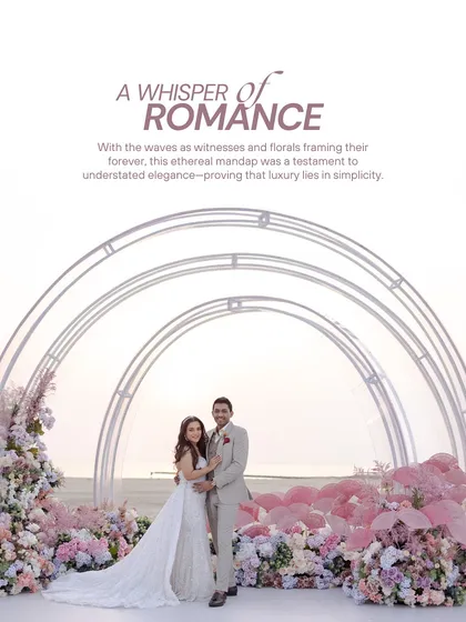 A whisper of romance. The couple stands under modern arches adorned with pastel florals, with the ocean as their witness. This is understated elegance at its finest.