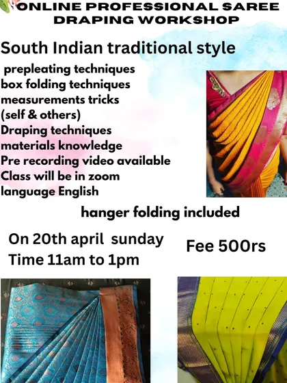 A flyer for an April workshop showing the variety of topics covered, from pre-pleating to measurements.
