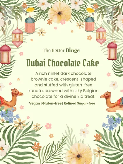The only Chand you need this Eid. My crescent-shaped millet dark chocolate brownie cake is stuffed with gluten-free kunafa and crowned with silky Belgian chocolate.