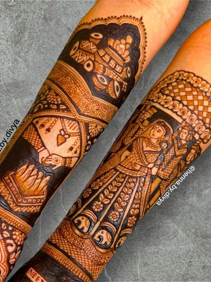 A detailed arm design showing a bride's entry under a 'phoolon ki chadar' (floral canopy) and a 'varmala' (garland exchange) ceremony.