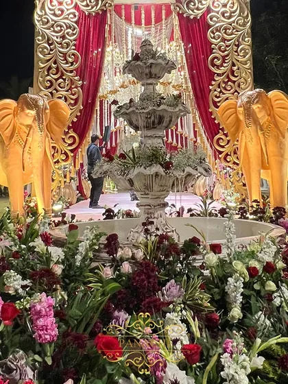 The complete stage view, featuring a floral-ringed fountain, twin golden elephants, and a backdrop of rich maroon drapes. This is how we create layered, impactful decor for a grand wedding.