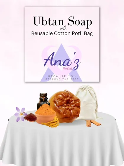 My Ubtan Soap, presented with a reusable cotton potli bag. This traditional packaging adds a special touch and reflects the pure, natural quality of the soap inside.