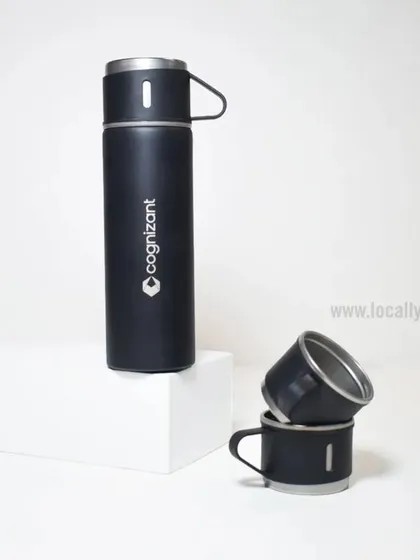 A stylish thermal flask with attachable cups, customized for Cognizant. This is a great gift for teams, allowing them to share a drink on the go.