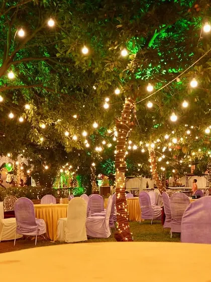 A beautiful outdoor seating area under a canopy of trees wrapped in fairy lights. This simple yet effective lighting creates a whimsical and romantic setting for guests to dine and celebrate.