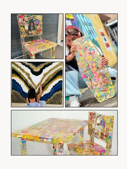 A collage showcasing different pieces from the 'I Spy' series, including chairs, a skateboard, and a geode art piece, highlighting the range of my work.