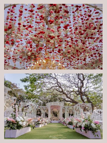 A collage showing the grand scale of the floral decor, from the aisle to the ceiling of the mandap.