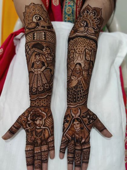 A full bridal story, this design includes portraits of the bride and groom, a doli scene, and other wedding ceremony elements.