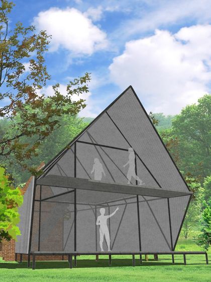 A conceptual render of the "Parasite" home, showing its transparent form lightly touching the landscape, designed to blur the boundaries between inside and out.