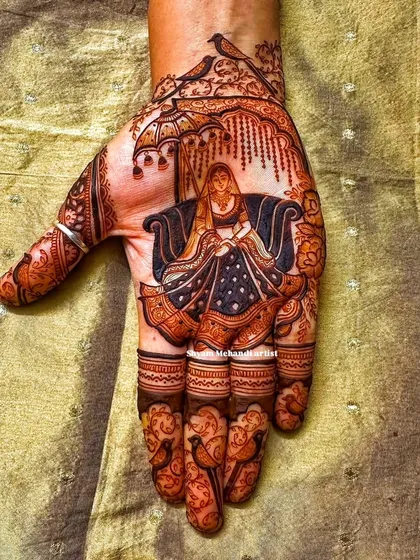 Another angle of the bride in a doli, showing the delicate details of the umbrella and the birds.