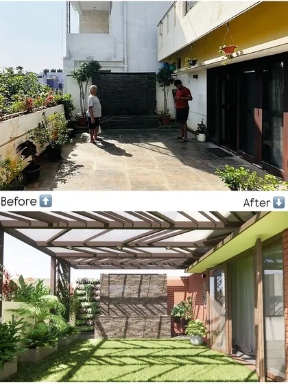Another angle of this terrace transformation, showing how we planned to replace the empty floor with a combination of a vertical garden, a feature wall, and a lush green lawn under a modern pergola.