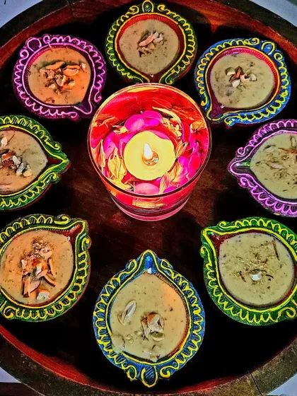 My special Mango Phirni served in festive, hand-painted diyas. This creative presentation for a traditional dessert was a huge hit at a client's Griha Pravesh ceremony, showing how I can add a personal touch to your important events.