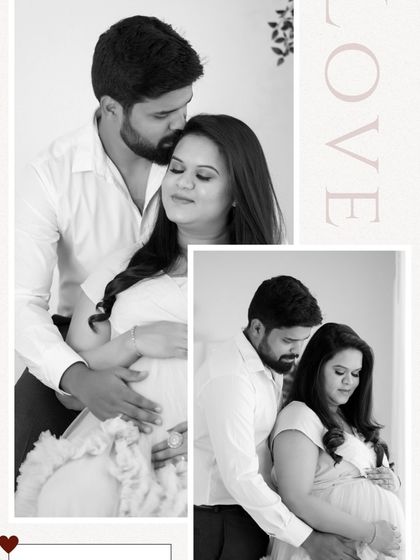 A beautiful black and white photo collage from a maternity session, capturing the tender and loving moments between the expecting parents.