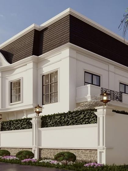 A three-story residence that blends classical charm with minimalistic opulence. The design features a mansard roof, elegant balconies, and a grand porch, creating a serene and enchanting atmosphere.